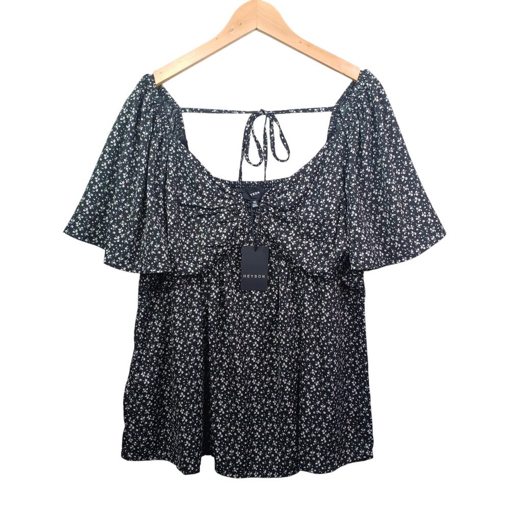 HEYSON Women Ditsy Floral Babydoll Top Plus Size 2X Black Smocked Cottagecore